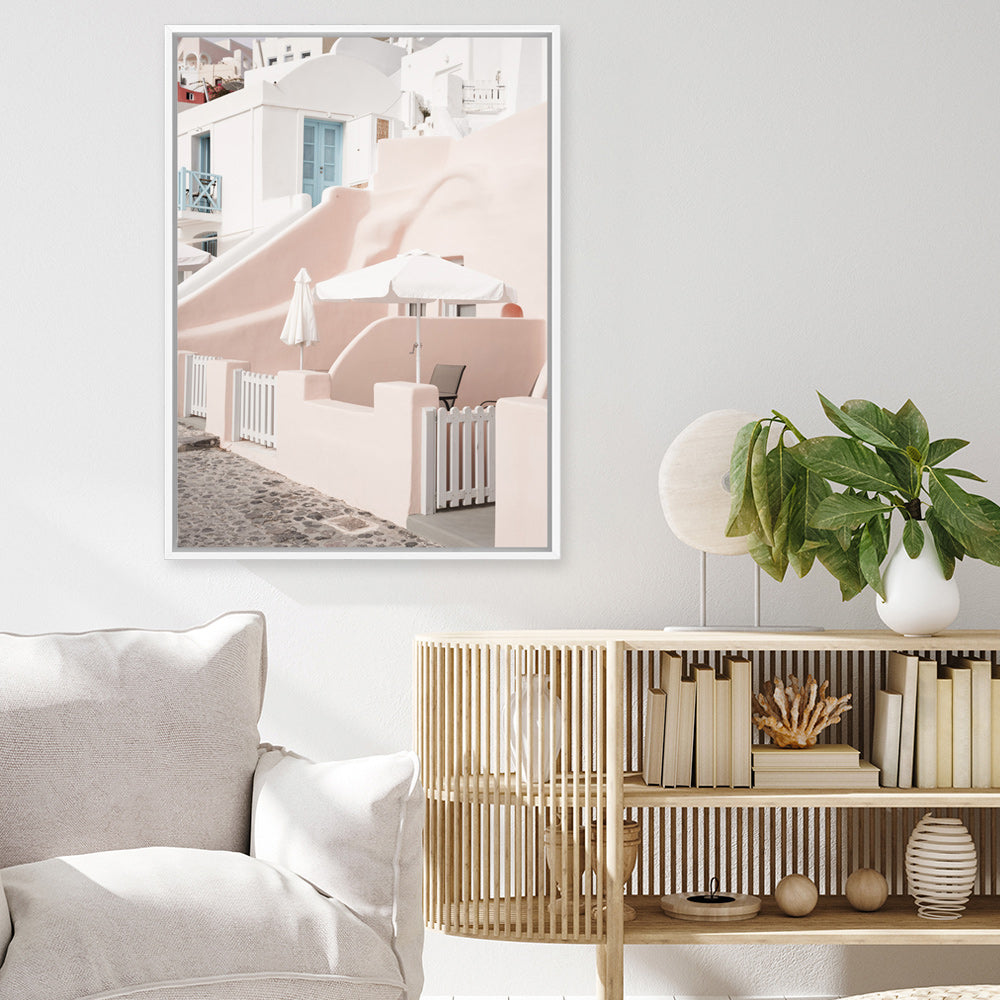 Shop Oia Rose Pink Villa II Photo Canvas Print a photography framed stretched canvas print from The Print Emporium wall artwork collection - Buy Australian made prints for the home and your interior decor space, TPE-1361-CA-35X46-NF
