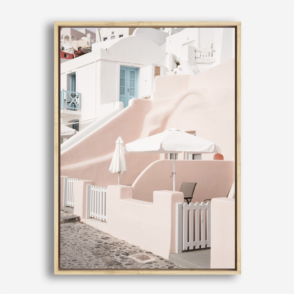 Shop Oia Rose Pink Villa II Photo Canvas Print a photography framed stretched canvas print from The Print Emporium wall artwork collection - Buy Australian made prints for the home and your interior decor space, TPE-1361-CA-35X46-NF
