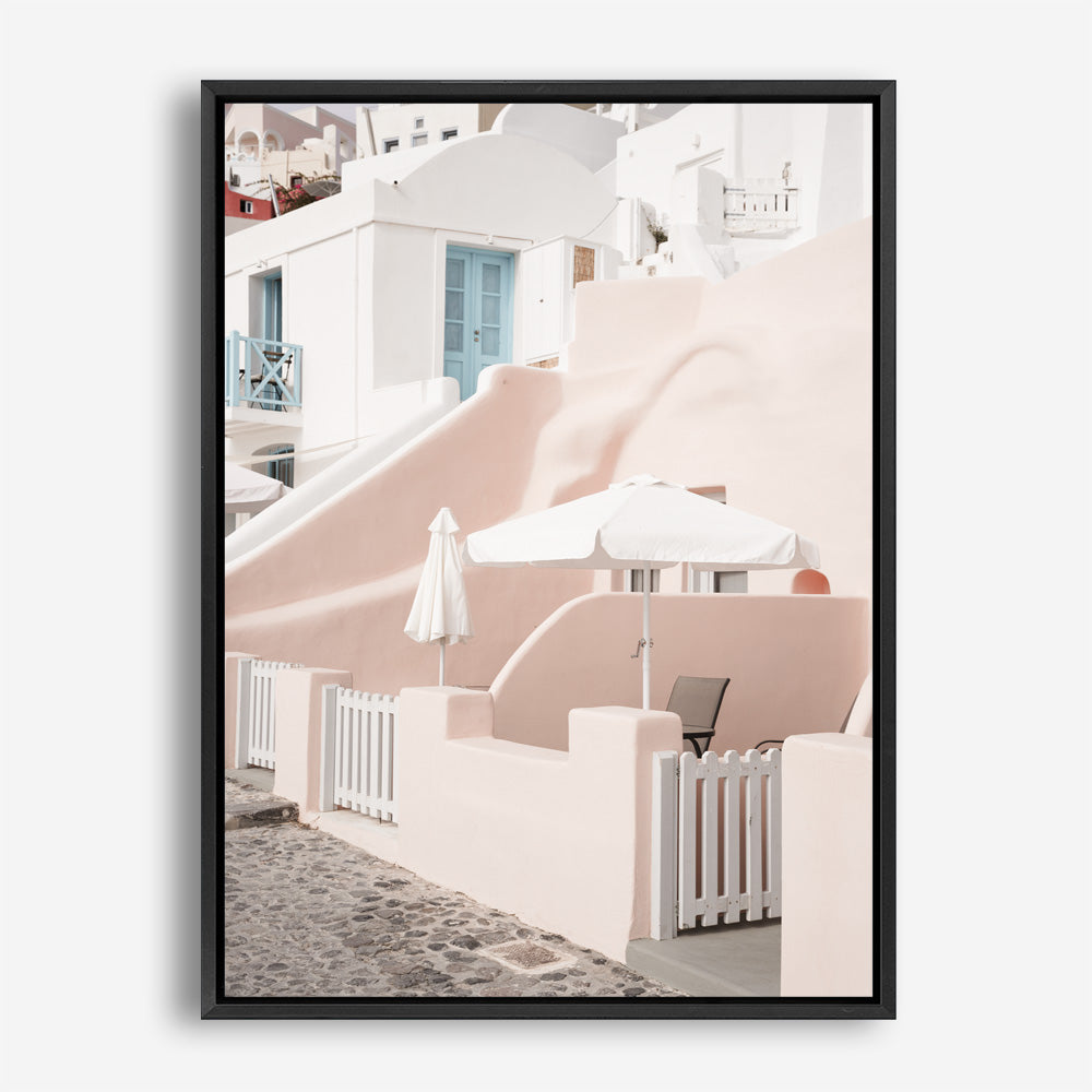Shop Oia Rose Pink Villa II Photo Canvas Print a photography framed stretched canvas print from The Print Emporium wall artwork collection - Buy Australian made prints for the home and your interior decor space, TPE-1361-CA-35X46-NF
