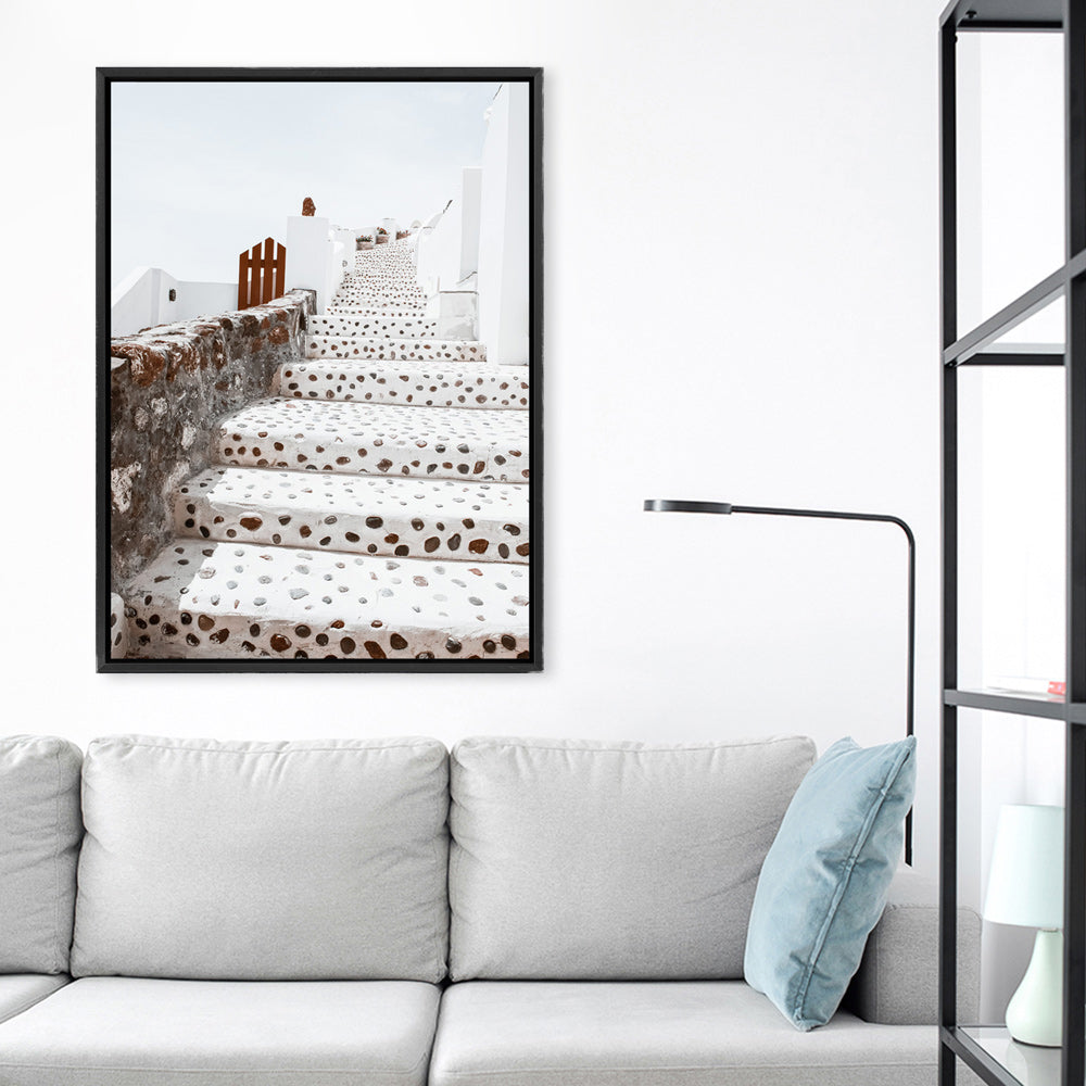 Shop Oia Staircase Photo Canvas Print a photography framed stretched canvas print from The Print Emporium wall artwork collection - Buy Australian made prints for the home and your interior decor space, TPE-1313-CA-35X46-NF