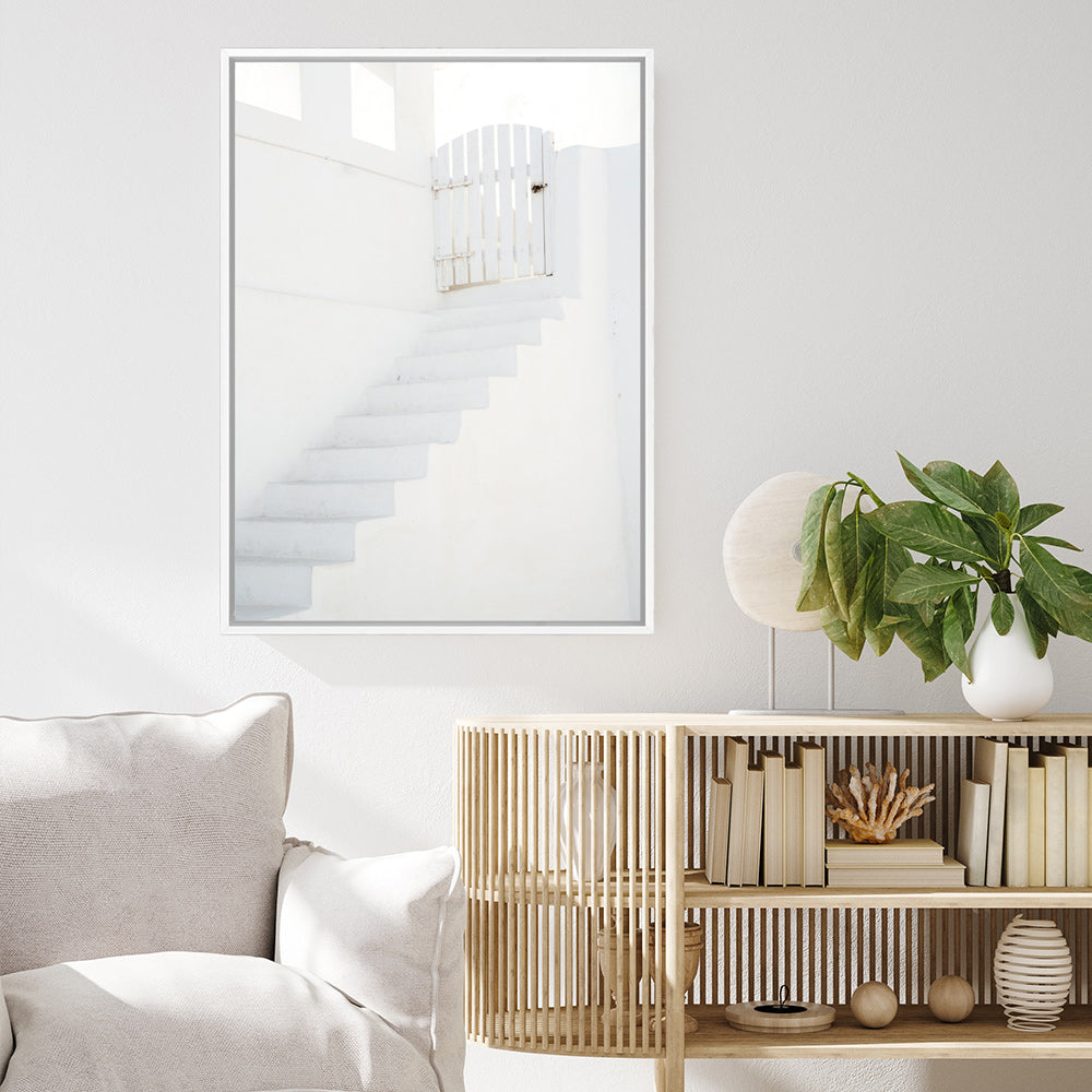 Shop Oia White Steps I Photo Canvas Print a photography framed stretched canvas print from The Print Emporium wall artwork collection - Buy Australian made prints for the home and your interior decor space, TPE-1334-CA-35X46-NF