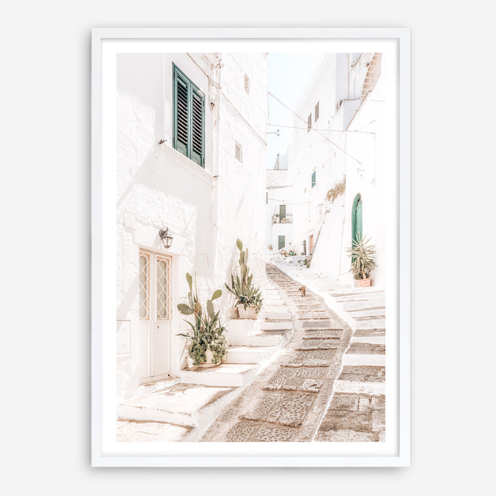 Shop Ostuni Laneway I Photo Art Print a coastal themed photography wall art print from The Print Emporium wall artwork collection - Buy Australian made fine art poster and framed prints for the home and your interior decor, TPE-1140-AP
