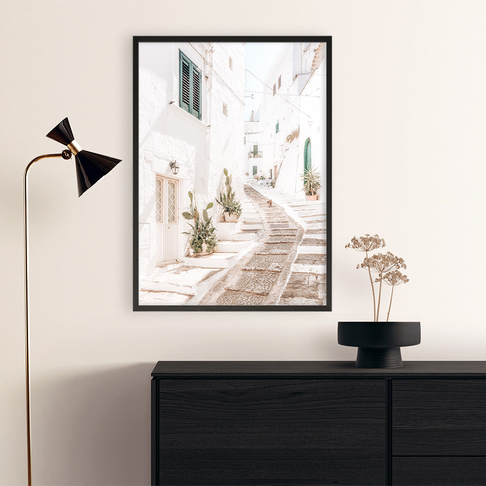 Shop Ostuni Laneway I Photo Art Print a coastal themed photography wall art print from The Print Emporium wall artwork collection - Buy Australian made fine art poster and framed prints for the home and your interior decor, TPE-1140-AP