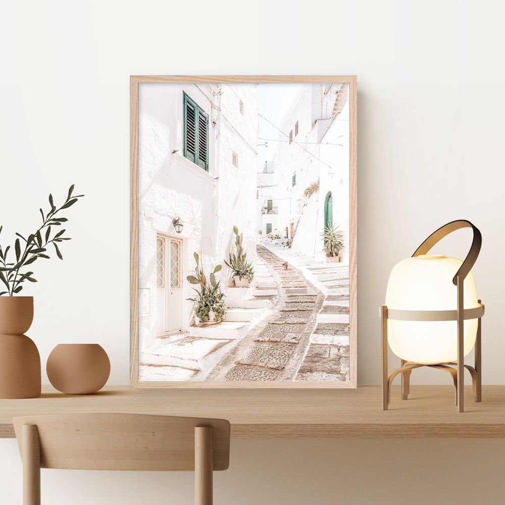 Shop Ostuni Laneway I Photo Art Print a coastal themed photography wall art print from The Print Emporium wall artwork collection - Buy Australian made fine art poster and framed prints for the home and your interior decor, TPE-1140-AP