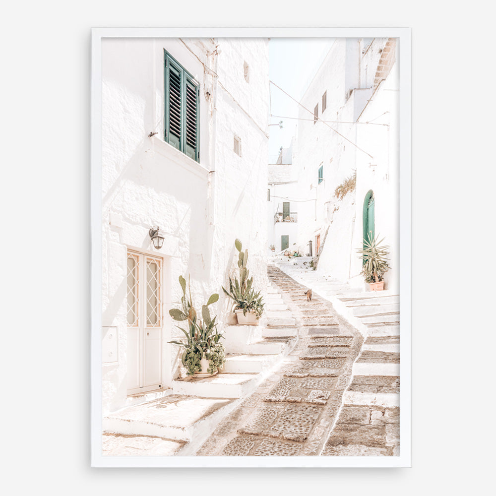 Shop Ostuni Laneway I Photo Art Print a coastal themed photography wall art print from The Print Emporium wall artwork collection - Buy Australian made fine art poster and framed prints for the home and your interior decor, TPE-1140-AP