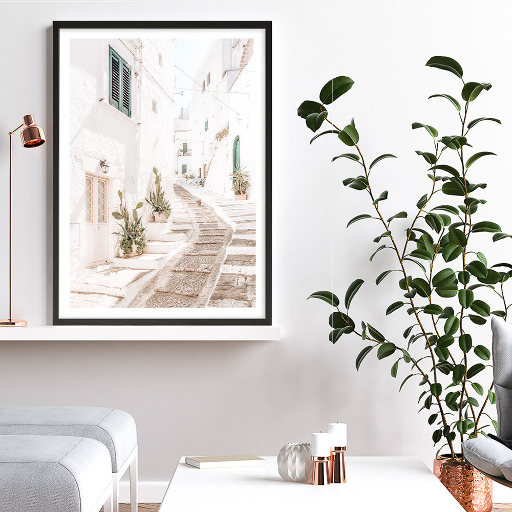 Shop Ostuni Laneway I Photo Art Print a coastal themed photography wall art print from The Print Emporium wall artwork collection - Buy Australian made fine art poster and framed prints for the home and your interior decor, TPE-1140-AP