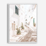 Shop Ostuni Laneway I Photo Canvas Print a coastal themed photography framed stretched canvas print from The Print Emporium wall artwork collection - Buy Australian made prints for the home and your interior decor space, TPE-1140-CA-35X46-NF