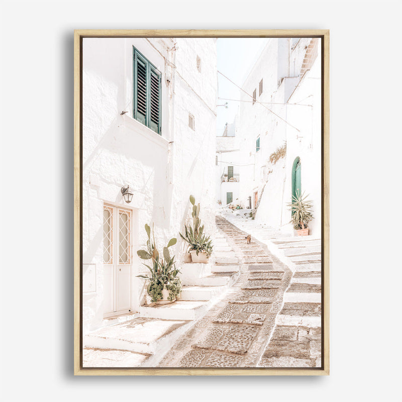 Shop Ostuni Laneway I Photo Canvas Print a coastal themed photography framed stretched canvas print from The Print Emporium wall artwork collection - Buy Australian made prints for the home and your interior decor space, TPE-1140-CA-35X46-NF