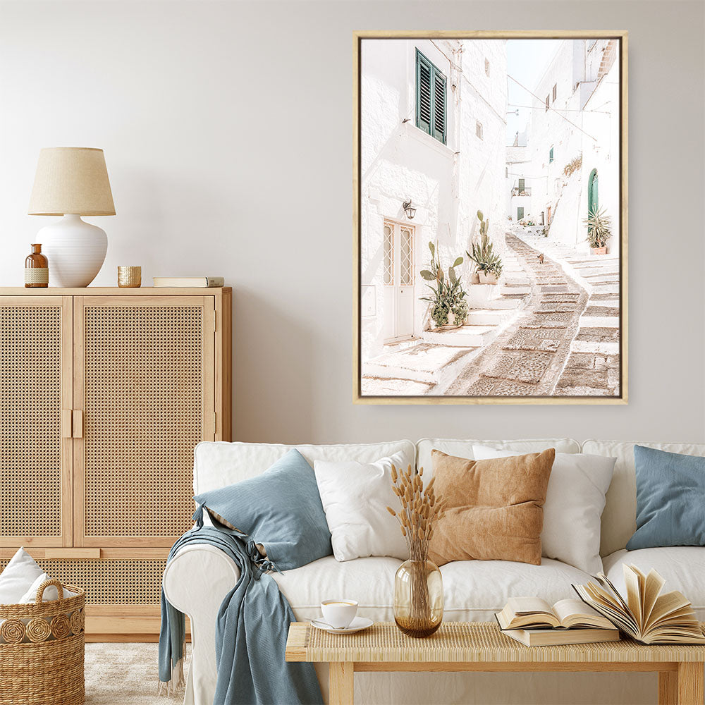 Shop Ostuni Laneway I Photo Canvas Print a coastal themed photography framed stretched canvas print from The Print Emporium wall artwork collection - Buy Australian made prints for the home and your interior decor space, TPE-1140-CA-35X46-NF