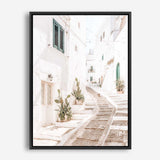 Shop Ostuni Laneway I Photo Canvas Print a coastal themed photography framed stretched canvas print from The Print Emporium wall artwork collection - Buy Australian made prints for the home and your interior decor space, TPE-1140-CA-35X46-NF