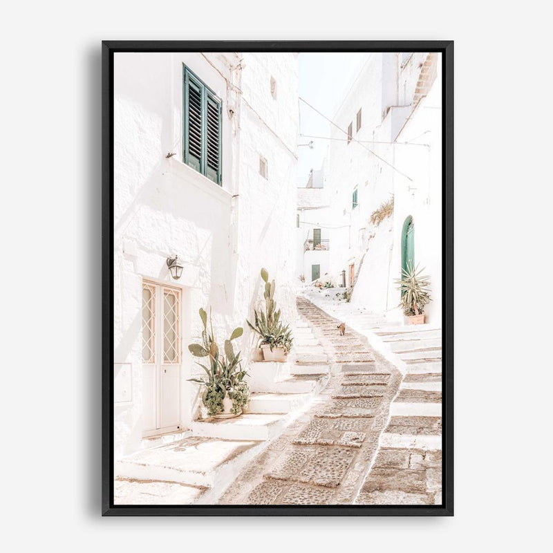 Shop Ostuni Laneway I Photo Canvas Print a coastal themed photography framed stretched canvas print from The Print Emporium wall artwork collection - Buy Australian made prints for the home and your interior decor space, TPE-1140-CA-35X46-NF