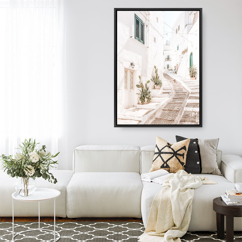 Shop Ostuni Laneway I Photo Canvas Print a coastal themed photography framed stretched canvas print from The Print Emporium wall artwork collection - Buy Australian made prints for the home and your interior decor space, TPE-1140-CA-35X46-NF