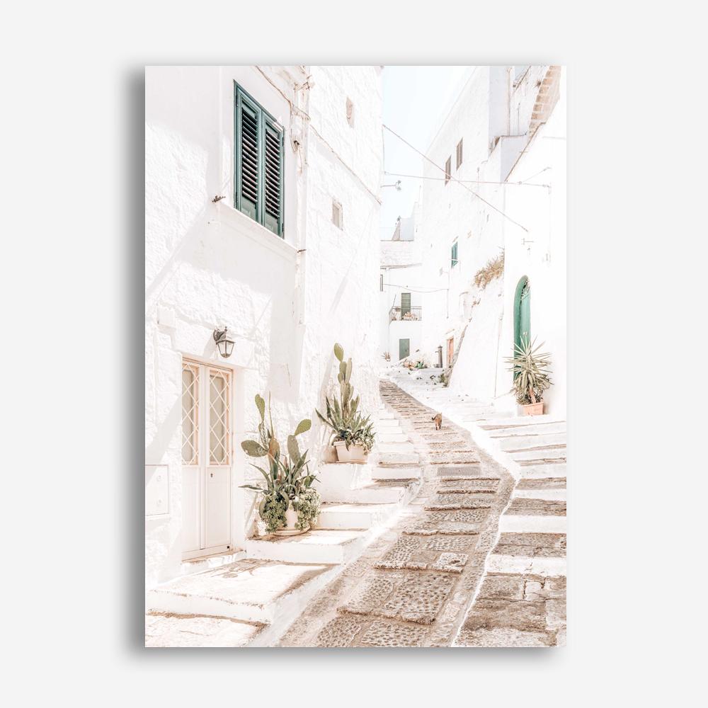 Shop Ostuni Laneway I Photo Canvas Print a coastal themed photography framed stretched canvas print from The Print Emporium wall artwork collection - Buy Australian made prints for the home and your interior decor space, TPE-1140-CA-35X46-NF