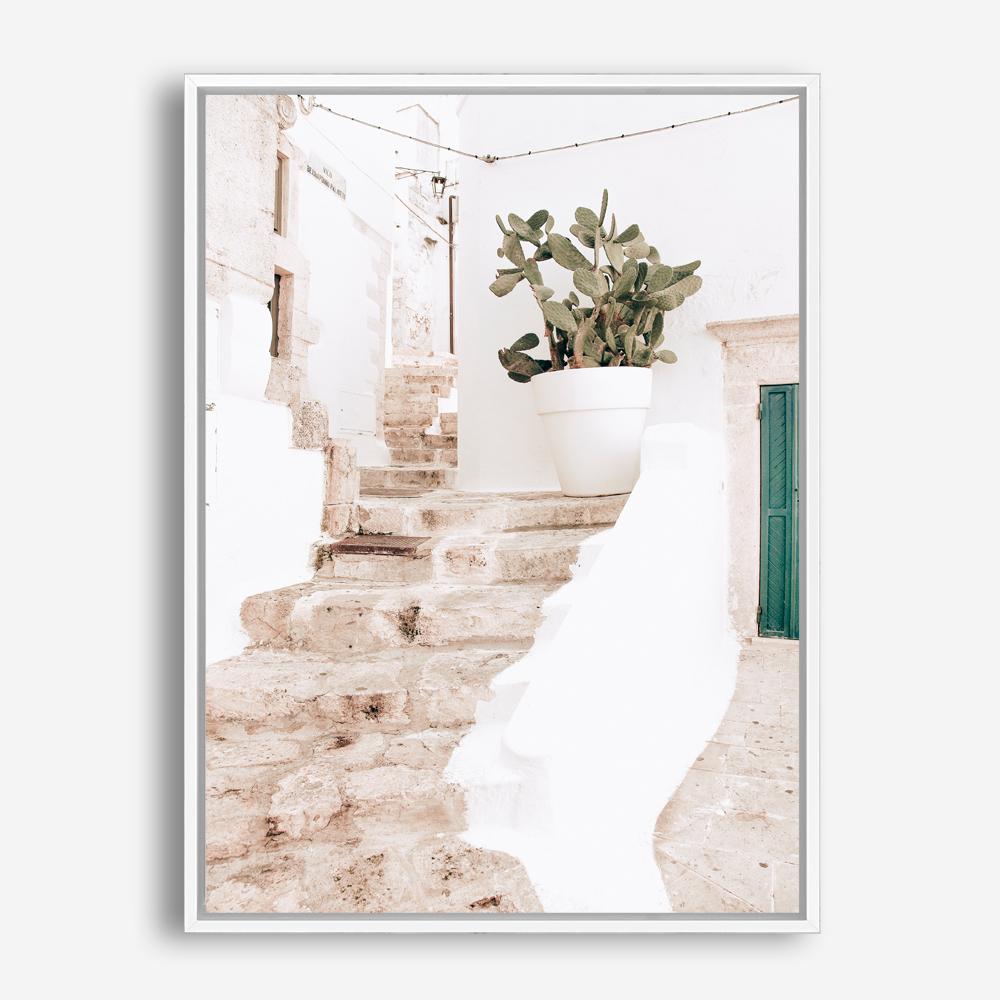 Shop Ostuni Laneway II Photo Canvas Print a coastal themed photography framed stretched canvas print from The Print Emporium wall artwork collection - Buy Australian made prints for the home and your interior decor space, TPE-1181-CA-35X46-NF