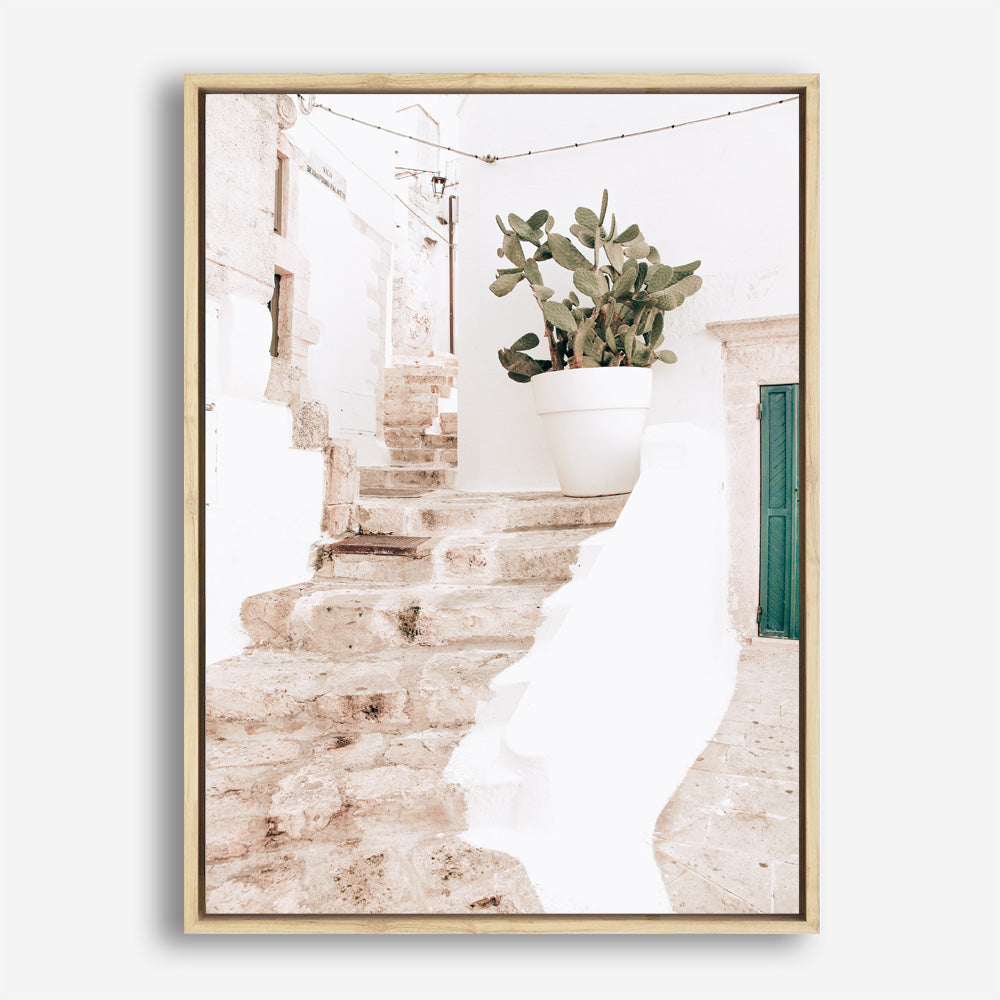 Shop Ostuni Laneway II Photo Canvas Print a coastal themed photography framed stretched canvas print from The Print Emporium wall artwork collection - Buy Australian made prints for the home and your interior decor space, TPE-1181-CA-35X46-NF
