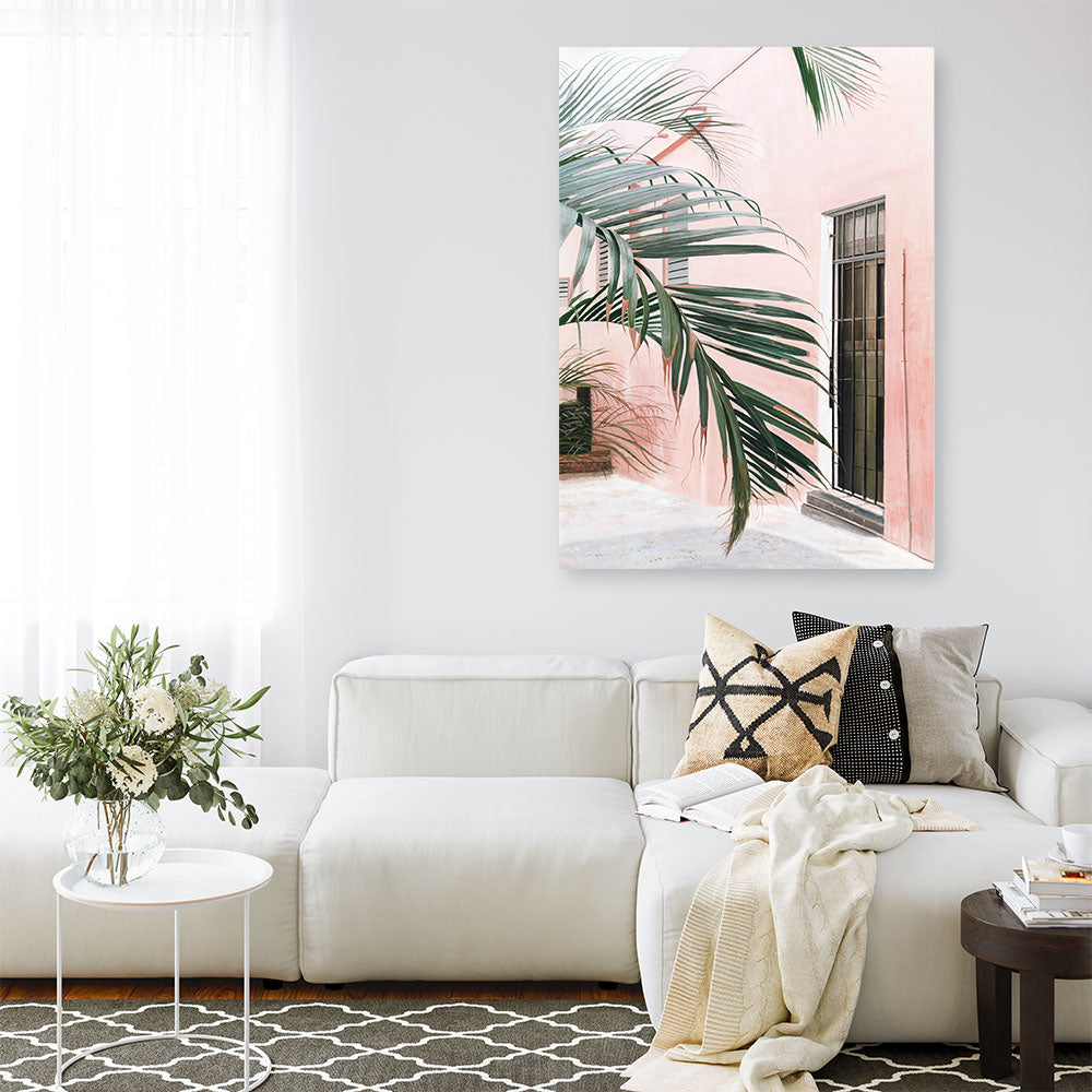 Shop Palm Doorway I Canvas Print a coastal themed painted framed canvas wall art print from The Print Emporium artwork collection - Buy Australian made fine art painting style stretched canvas prints for the home and your interior decor space, TPE-661-CA-35X46-NF