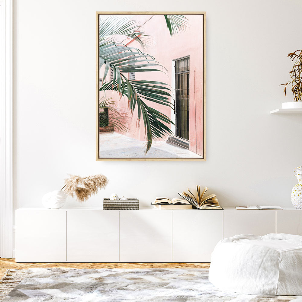 Shop Palm Doorway I Canvas Print a coastal themed painted framed canvas wall art print from The Print Emporium artwork collection - Buy Australian made fine art painting style stretched canvas prints for the home and your interior decor space, TPE-661-CA-35X46-NF