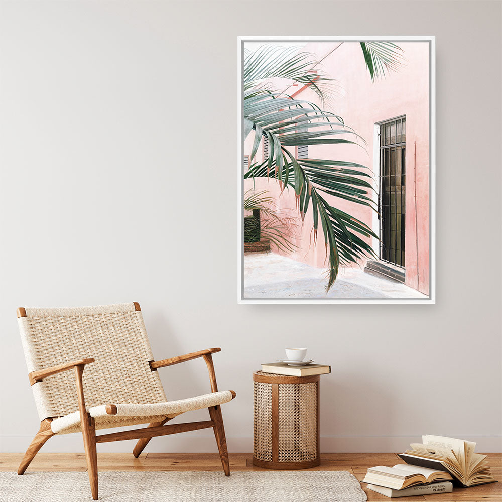 Shop Palm Doorway I Canvas Print a coastal themed painted framed canvas wall art print from The Print Emporium artwork collection - Buy Australian made fine art painting style stretched canvas prints for the home and your interior decor space, TPE-661-CA-35X46-NF