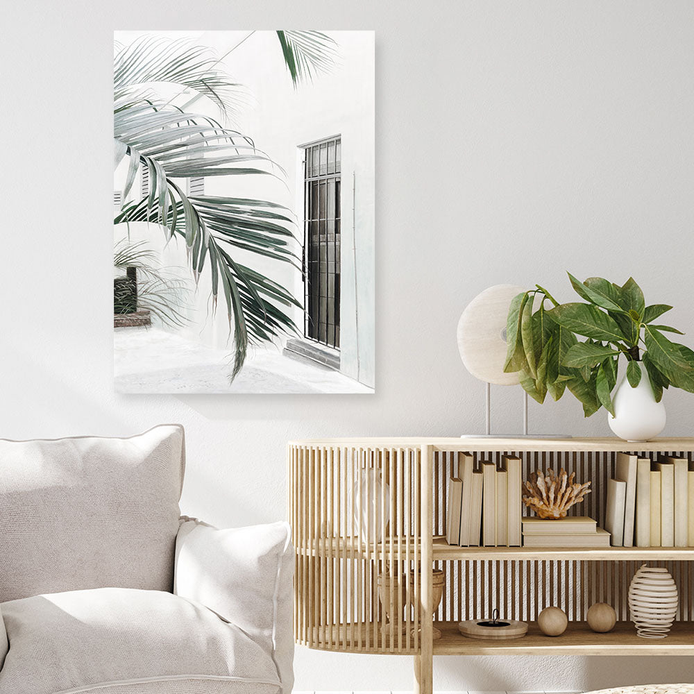 Shop Palm Doorway II Canvas Print a coastal themed painted framed canvas wall art print from The Print Emporium artwork collection - Buy Australian made fine art painting style stretched canvas prints for the home and your interior decor space, TPE-662-CA-35X46-NF