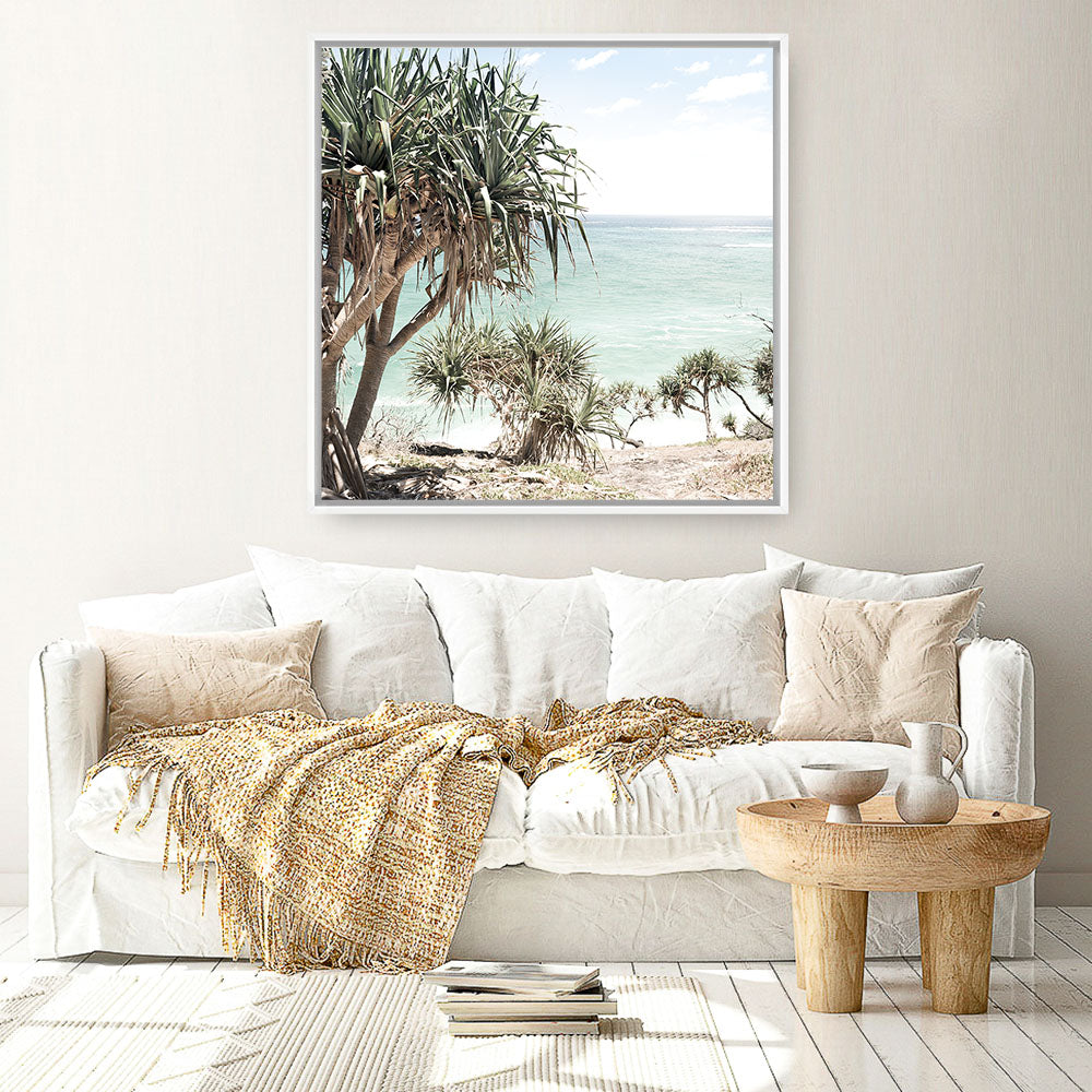 Shop Palm Tree Views III (Square) Photo Canvas a coastal themed photography framed stretched canvas print from The Print Emporium wall artwork collection - Buy Australian made prints for the home and your interior decor space, TPE-947-CA-40X40-NF