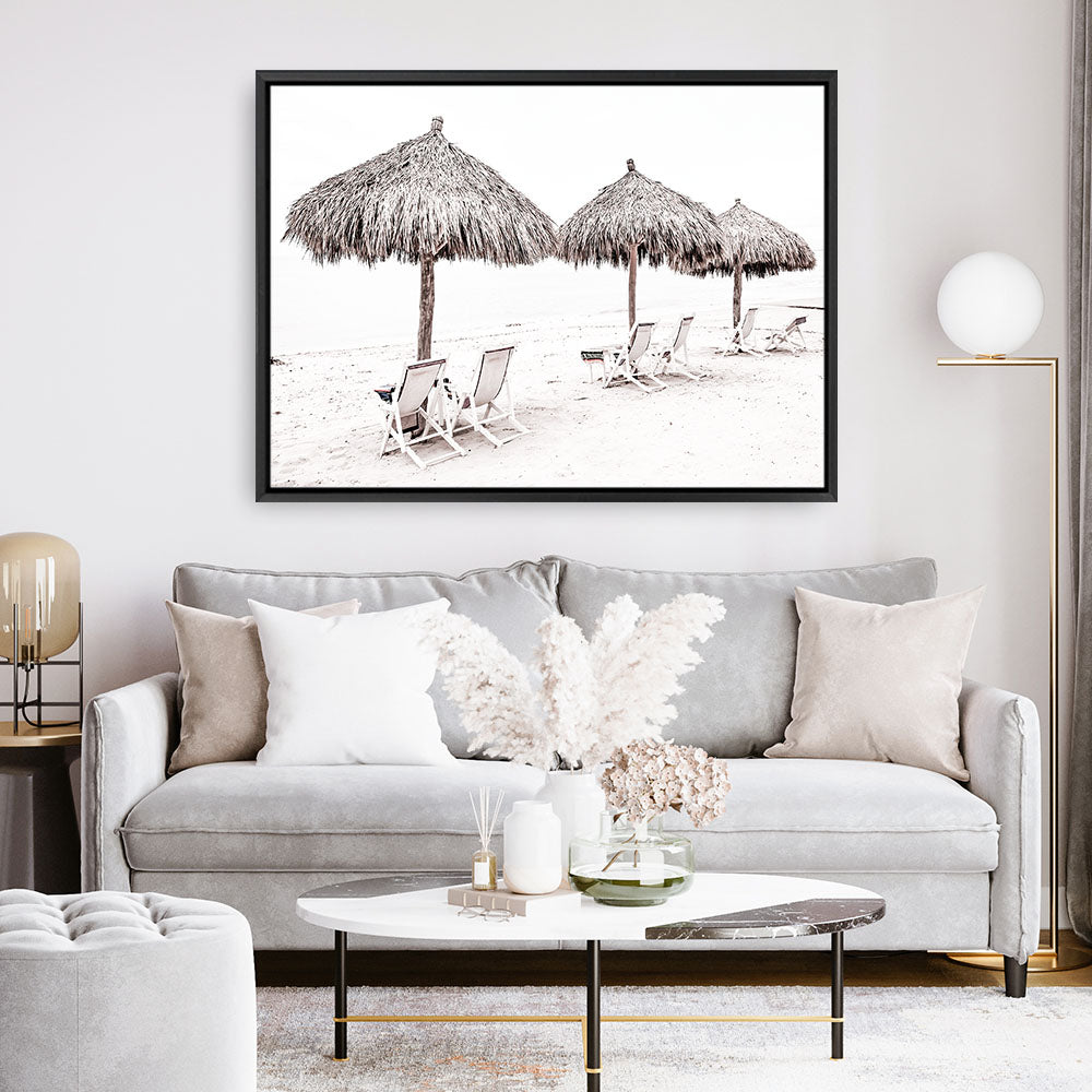 Shop Palm Umbrellas Photo Canvas Print a coastal themed photography framed stretched canvas print from The Print Emporium wall artwork collection - Buy Australian made prints for the home and your interior decor space, TPE-739-CA-35X46-NF