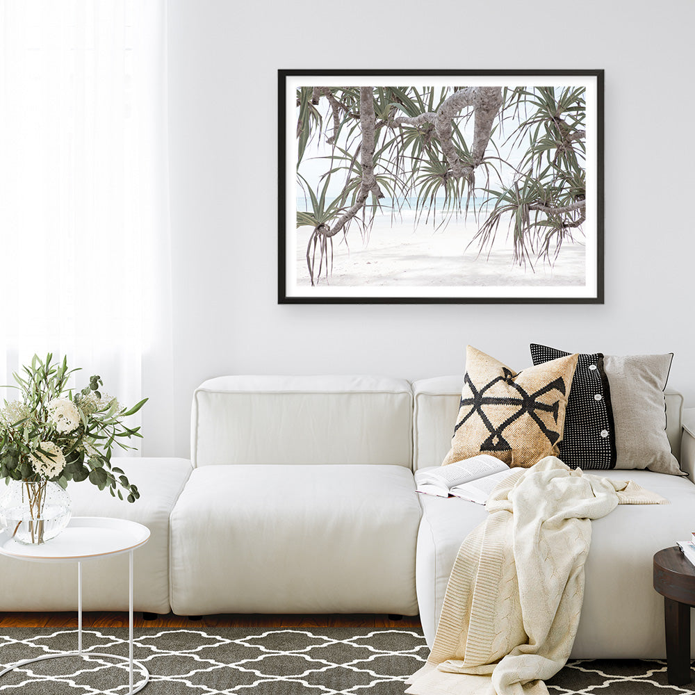 Shop Pandanus Palm Beach Photo Art Print a coastal themed photography wall art print from The Print Emporium wall artwork collection - Buy Australian made fine art poster and framed prints for the home and your interior decor, TPE-1166-AP