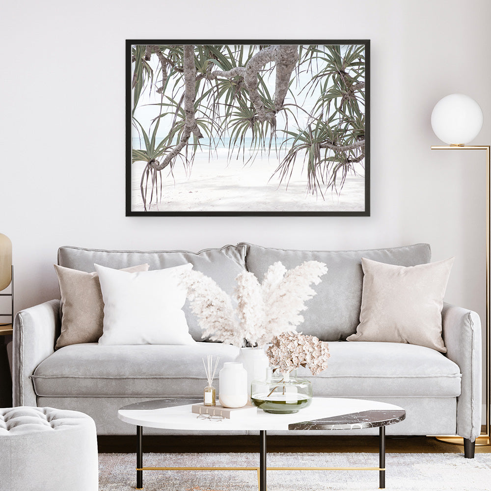 Shop Pandanus Palm Beach Photo Art Print a coastal themed photography wall art print from The Print Emporium wall artwork collection - Buy Australian made fine art poster and framed prints for the home and your interior decor, TPE-1166-AP