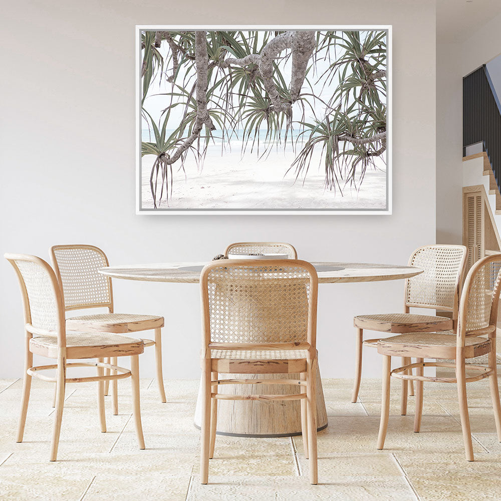Shop Pandanus Palm Beach Photo Canvas Print a coastal themed photography framed stretched canvas print from The Print Emporium wall artwork collection - Buy Australian made prints for the home and your interior decor space, TPE-1166-CA-35X46-NF