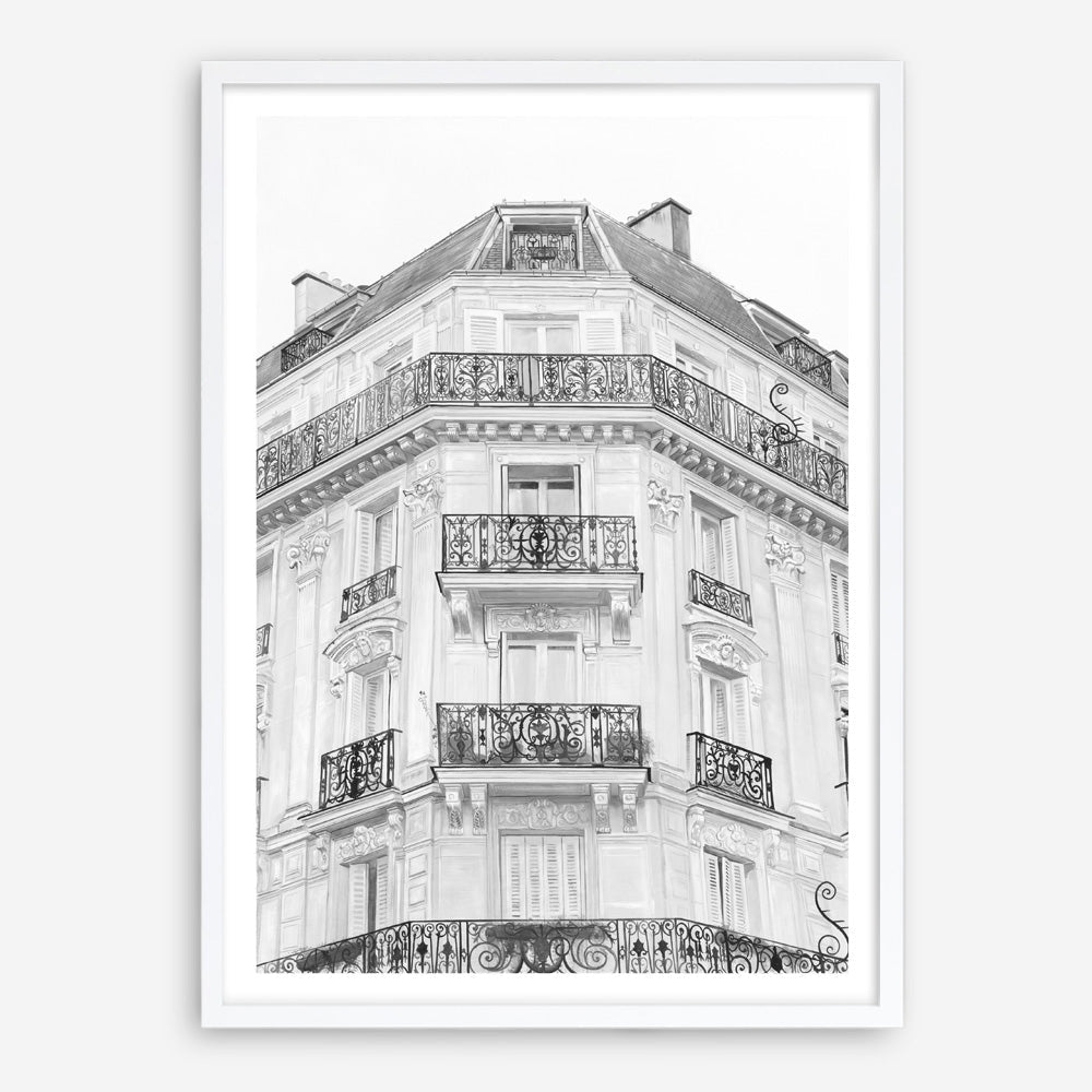 Shop Paris Building B&W I Art Print a Paris France fashion style themed painted wall art print from The Print Emporium wall artwork collection - Buy Australian made fine art painting style poster and framed prints for the home and your interior decor room, TPE-736-AP