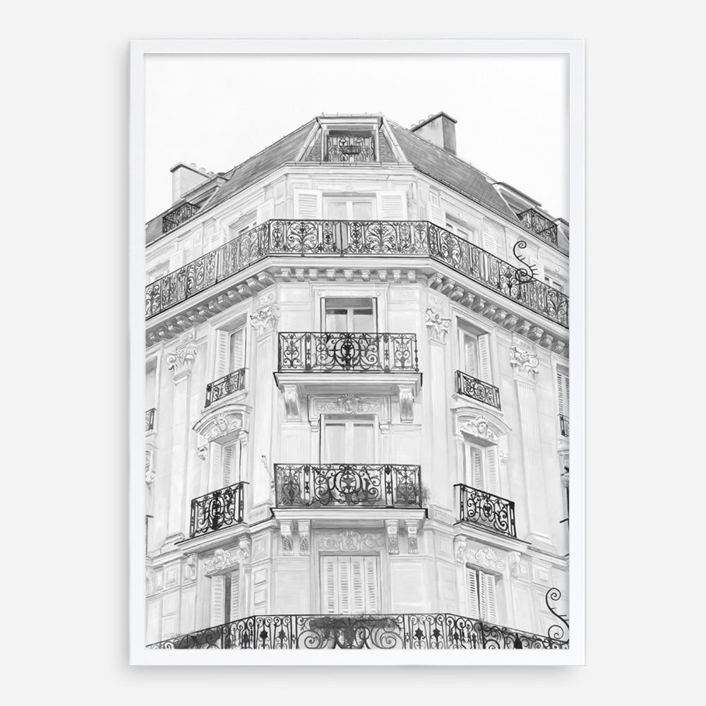 Shop Paris Building B&W I Art Print a Paris France fashion style themed painted wall art print from The Print Emporium wall artwork collection - Buy Australian made fine art painting style poster and framed prints for the home and your interior decor room, TPE-736-AP