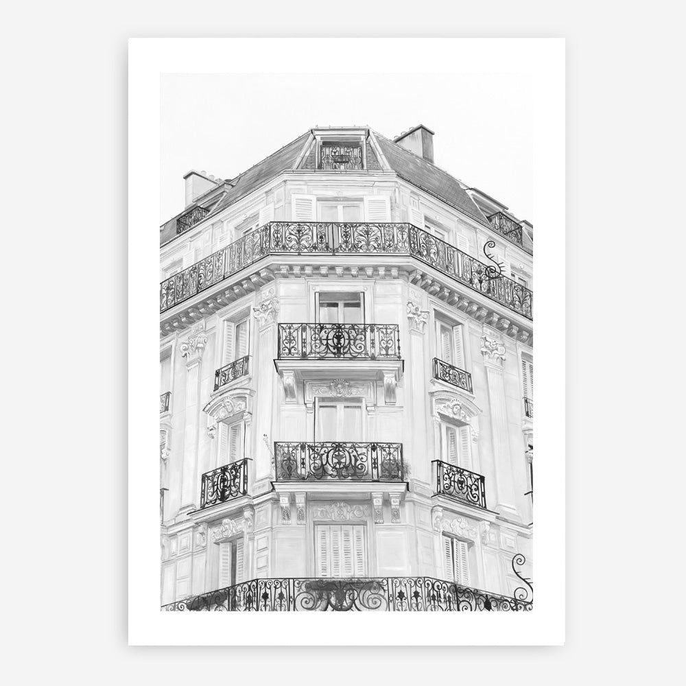 Shop Paris Building B&W I Art Print a Paris France fashion style themed painted wall art print from The Print Emporium wall artwork collection - Buy Australian made fine art painting style poster and framed prints for the home and your interior decor room, TPE-736-AP