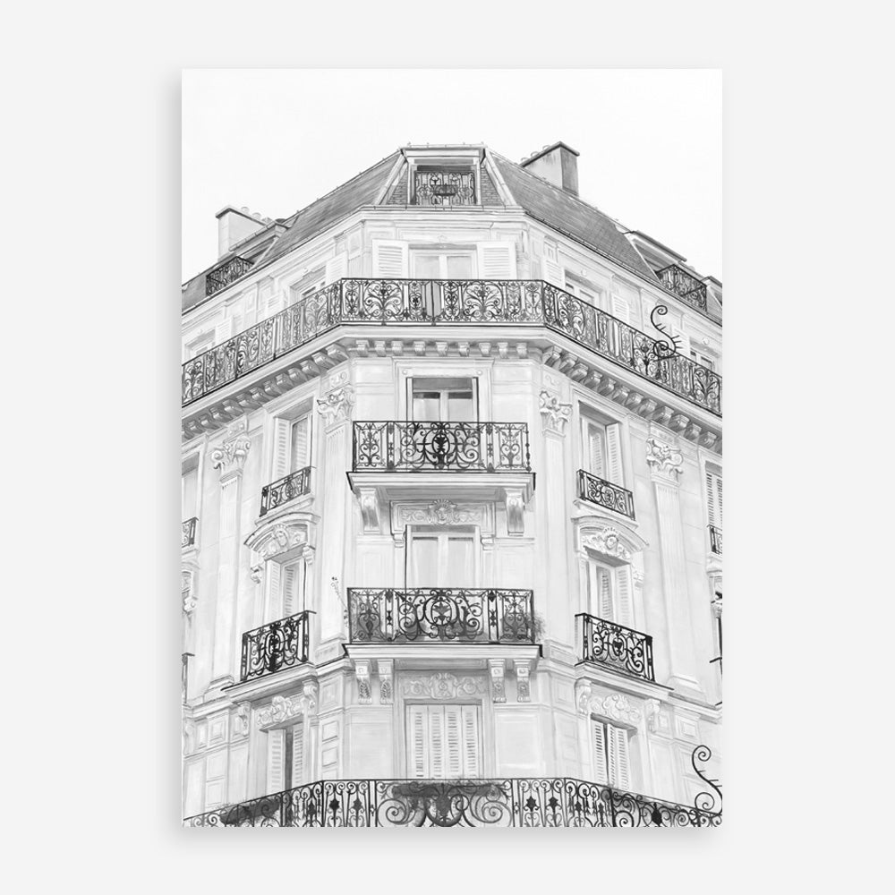 Shop Paris Building B&W I Art Print a Paris France fashion style themed painted wall art print from The Print Emporium wall artwork collection - Buy Australian made fine art painting style poster and framed prints for the home and your interior decor room, TPE-736-AP