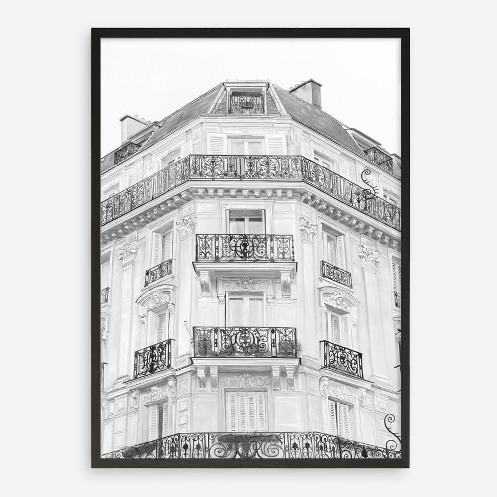 Shop Paris Building B&W I Art Print a Paris France fashion style themed painted wall art print from The Print Emporium wall artwork collection - Buy Australian made fine art painting style poster and framed prints for the home and your interior decor room, TPE-736-AP