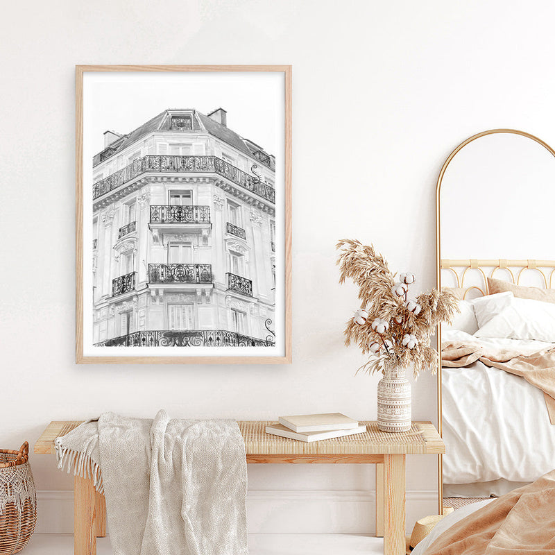 Shop Paris Building B&W I Art Print a Paris France fashion style themed painted wall art print from The Print Emporium wall artwork collection - Buy Australian made fine art painting style poster and framed prints for the home and your interior decor room, TPE-736-AP