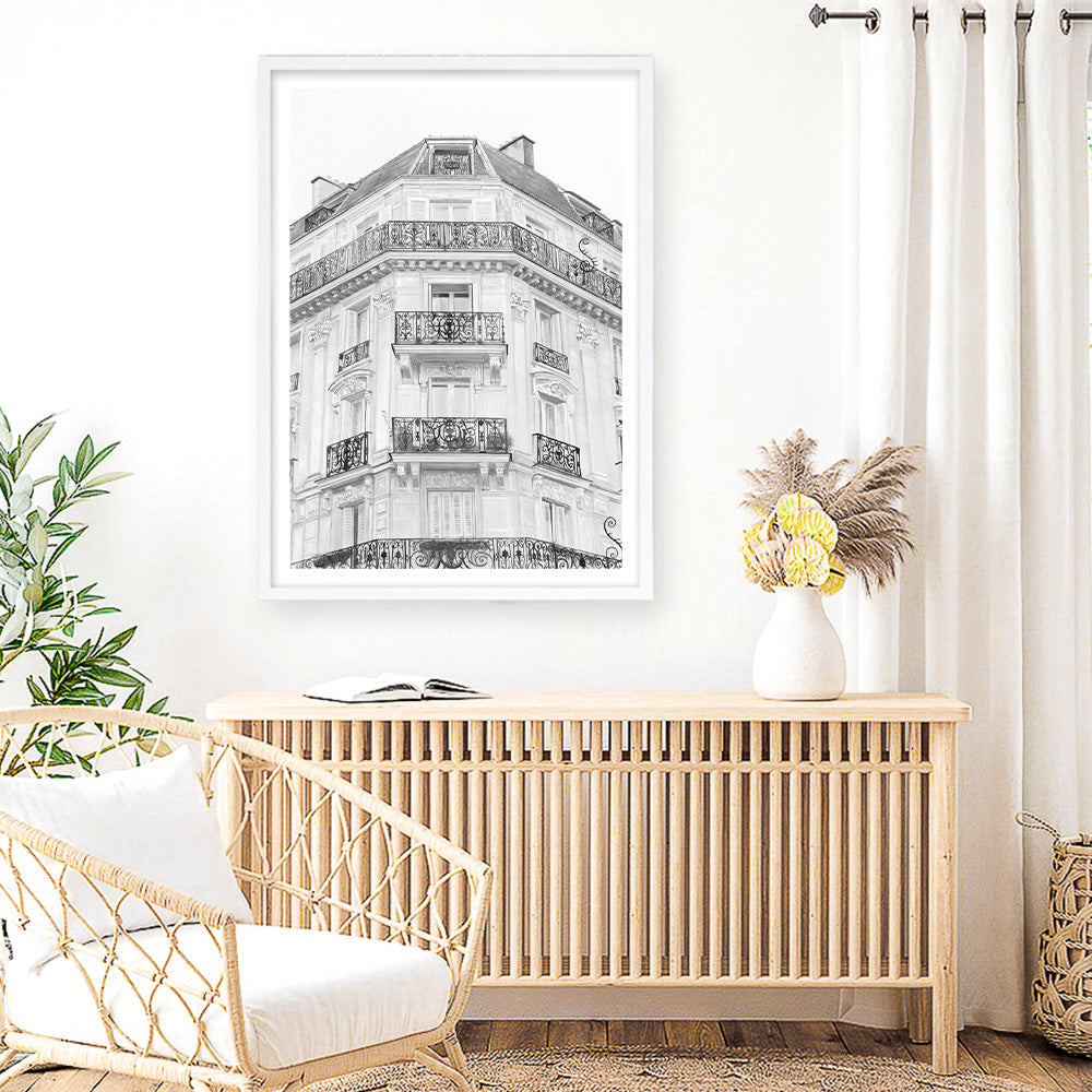 Shop Paris Building B&W I Art Print a Paris France fashion style themed painted wall art print from The Print Emporium wall artwork collection - Buy Australian made fine art painting style poster and framed prints for the home and your interior decor room, TPE-736-AP