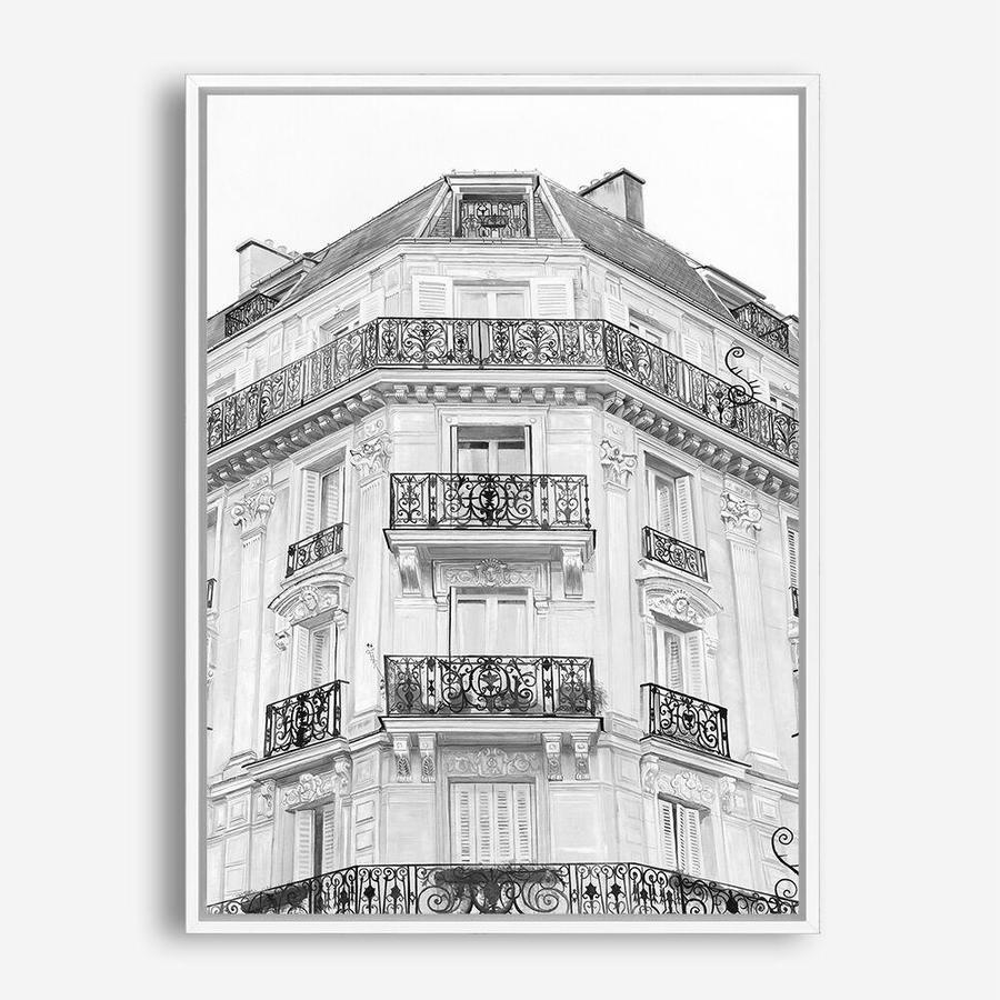 Shop Paris Building B&W I Canvas Print a Paris France Fashion style themed painted framed canvas wall art print from The Print Emporium artwork collection - Buy Australian made fine art painting style stretched canvas prints for the home and your interior decor space, TPE-736-CA-35X46-NF