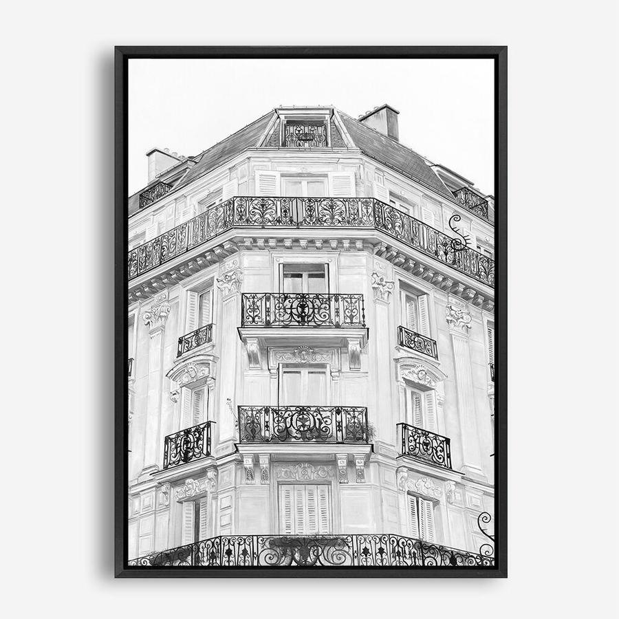 Shop Paris Building B&W I Canvas Print a Paris France Fashion style themed painted framed canvas wall art print from The Print Emporium artwork collection - Buy Australian made fine art painting style stretched canvas prints for the home and your interior decor space, TPE-736-CA-35X46-NF