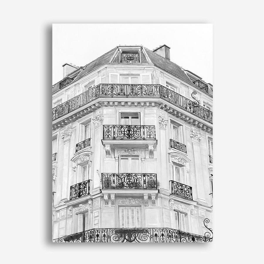 Shop Paris Building B&W I Canvas Print a Paris France Fashion style themed painted framed canvas wall art print from The Print Emporium artwork collection - Buy Australian made fine art painting style stretched canvas prints for the home and your interior decor space, TPE-736-CA-35X46-NF