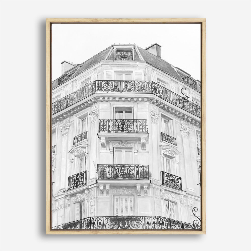Shop Paris Building B&W I Canvas Print a Paris France Fashion style themed painted framed canvas wall art print from The Print Emporium artwork collection - Buy Australian made fine art painting style stretched canvas prints for the home and your interior decor space, TPE-736-CA-35X46-NF