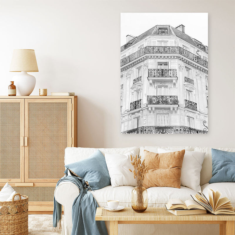 Shop Paris Building B&W I Canvas Print a Paris France Fashion style themed painted framed canvas wall art print from The Print Emporium artwork collection - Buy Australian made fine art painting style stretched canvas prints for the home and your interior decor space, TPE-736-CA-35X46-NF