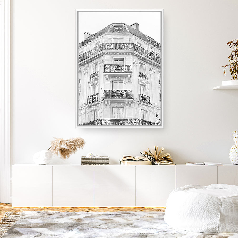 Shop Paris Building B&W I Canvas Print a Paris France Fashion style themed painted framed canvas wall art print from The Print Emporium artwork collection - Buy Australian made fine art painting style stretched canvas prints for the home and your interior decor space, TPE-736-CA-35X46-NF