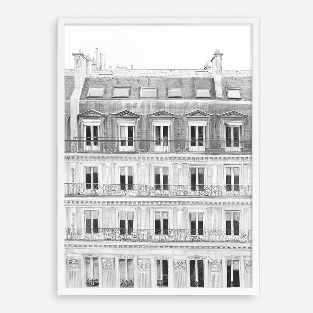 Shop Paris Building B&W II Art Print a Paris France fashion style themed painted wall art print from The Print Emporium wall artwork collection - Buy Australian made fine art painting style poster and framed prints for the home and your interior decor room, TPE-737-AP