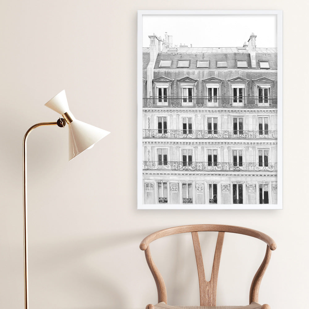 Shop Paris Building B&W II Art Print a Paris France fashion style themed painted wall art print from The Print Emporium wall artwork collection - Buy Australian made fine art painting style poster and framed prints for the home and your interior decor room, TPE-737-AP