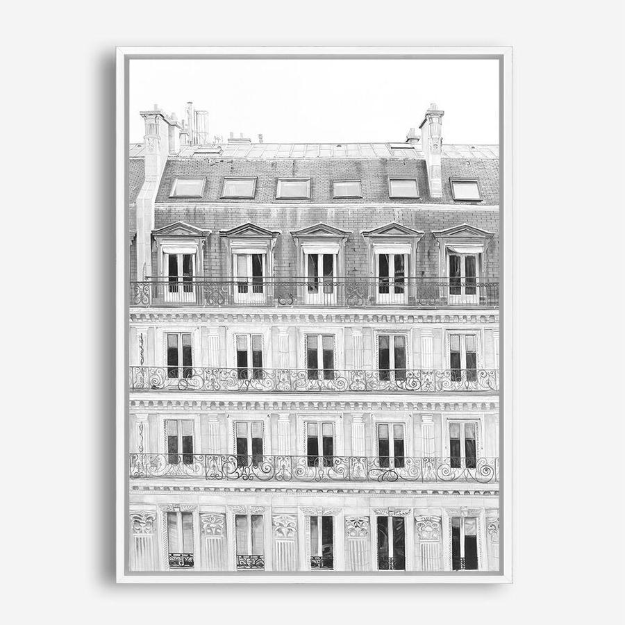 Shop Paris Building B&W II Canvas Print a Paris France Fashion style themed painted framed canvas wall art print from The Print Emporium artwork collection - Buy Australian made fine art painting style stretched canvas prints for the home and your interior decor space, TPE-737-CA-35X46-NF