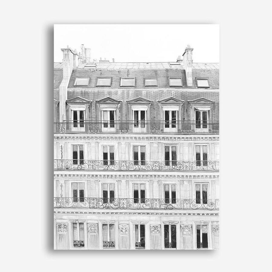 Shop Paris Building B&W II Canvas Print a Paris France Fashion style themed painted framed canvas wall art print from The Print Emporium artwork collection - Buy Australian made fine art painting style stretched canvas prints for the home and your interior decor space, TPE-737-CA-35X46-NF