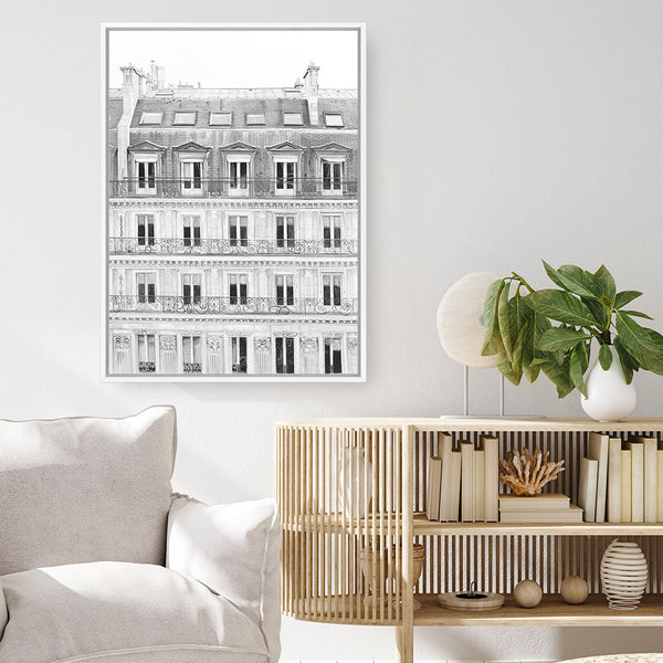 Shop Paris Building B&W II Canvas Print a Paris France Fashion style themed painted framed canvas wall art print from The Print Emporium artwork collection - Buy Australian made fine art painting style stretched canvas prints for the home and your interior decor space, TPE-737-CA-35X46-NF