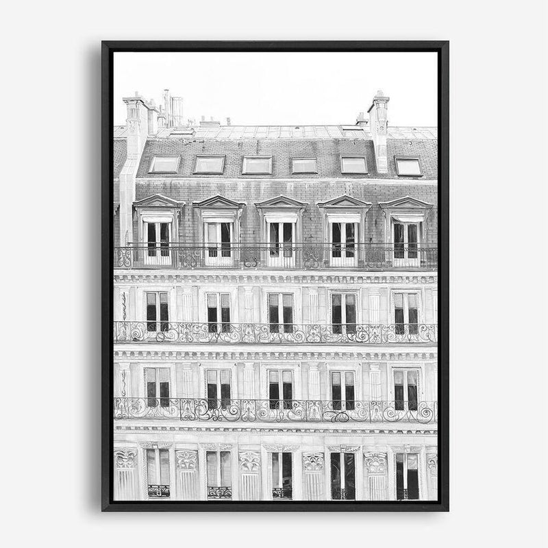 Shop Paris Building B&W II Canvas Print a Paris France Fashion style themed painted framed canvas wall art print from The Print Emporium artwork collection - Buy Australian made fine art painting style stretched canvas prints for the home and your interior decor space, TPE-737-CA-35X46-NF