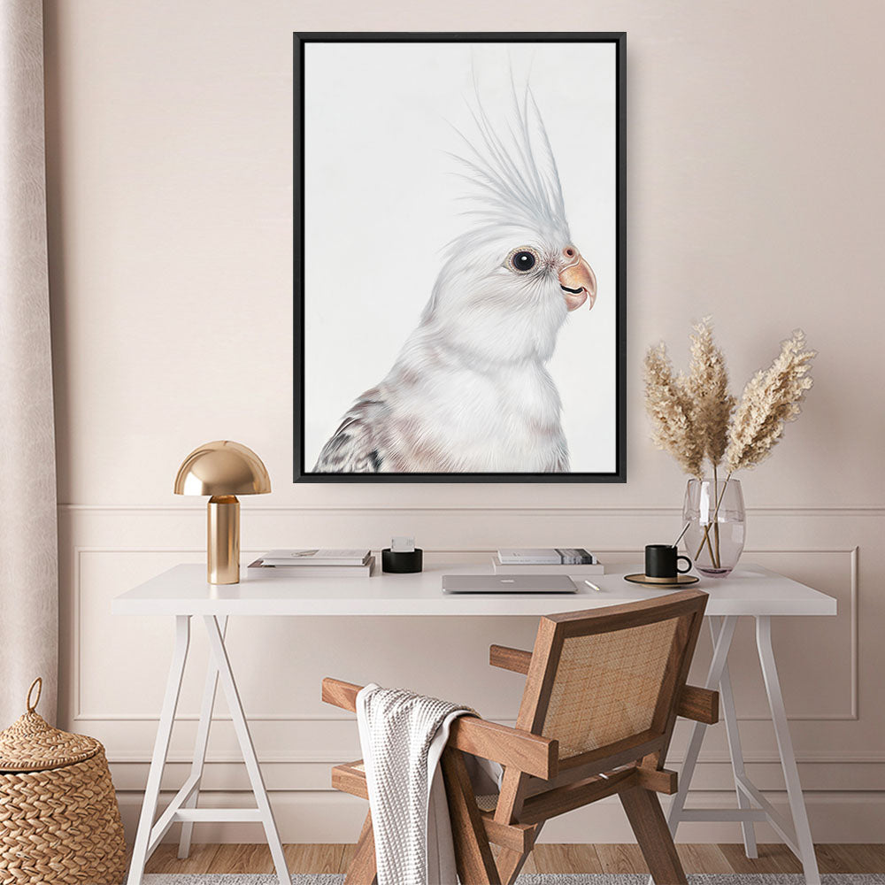 Shop Pia The White Cockatiel Canvas Print a painted bird themed framed canvas wall art print from The Print Emporium artwork collection - Buy Australian made fine art painting style stretched canvas prints for the home and your interior decor space, TPE-219-CA-35X46-NF