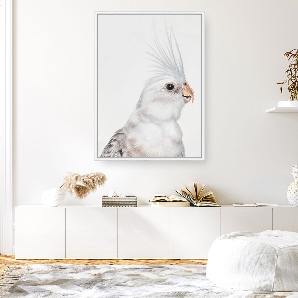 Shop Pia The White Cockatiel Canvas Print a painted bird themed framed canvas wall art print from The Print Emporium artwork collection - Buy Australian made fine art painting style stretched canvas prints for the home and your interior decor space, TPE-219-CA-35X46-NF