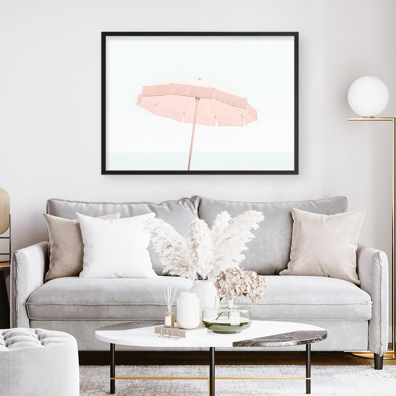 Shop Pink Parasol Photo Art Print a coastal themed photography wall art print from The Print Emporium wall artwork collection - Buy Australian made fine art poster and framed prints for the home and your interior decor, TPE-543-AP